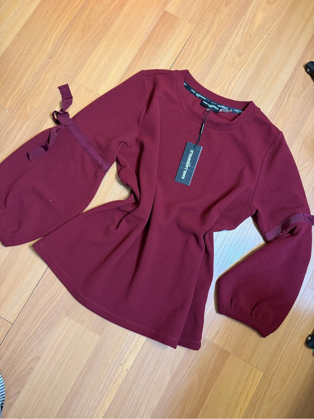 Karl Lagerfeld Wine Red Peplum Top with Tie Sleeves